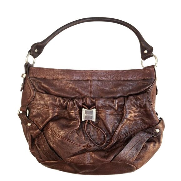 B. Makowsky Brown Genuine Leather Shoulder Bag With Leopard Print Lining & Multi - Picture 1 of 10